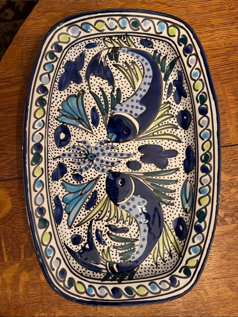 Hand-Painted Ceramic Fish Platter in Blue and Teal